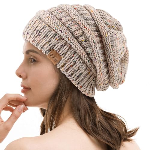 REDESS Slouchy Beanie Hat for Men and Women Winter Warm Knit Hat Chunky Soft Oversized Cable Cap - color: Confetti Oat