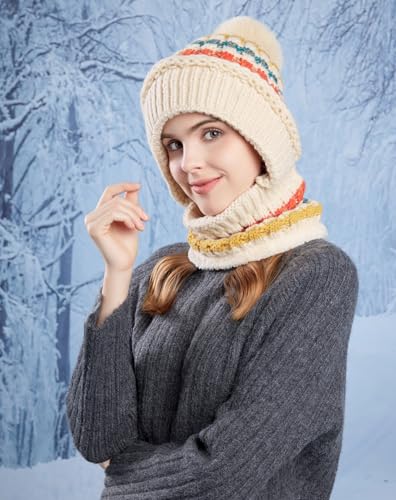 HUAMULAN Women Winter Knit Beanie Hats One Piece Fleece Lined Balaclavas - color: Beige + Colorful Stripe