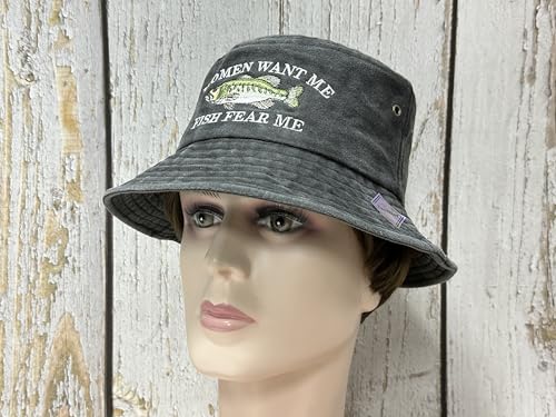 Women Want Me Fish Fear Me Embroidered Bucket Hat for Men Boy - color: Women Want Me - Washed Black