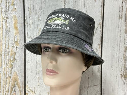 Women Want Me Fish Fear Me Embroidered Bucket Hat for Men Boy - color: Women Want Me - Washed Black