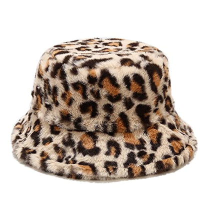 Dirholl Women's Winter Faux Fur Fuzzy Warm Bucket Hat - color: Small Leopard Beige