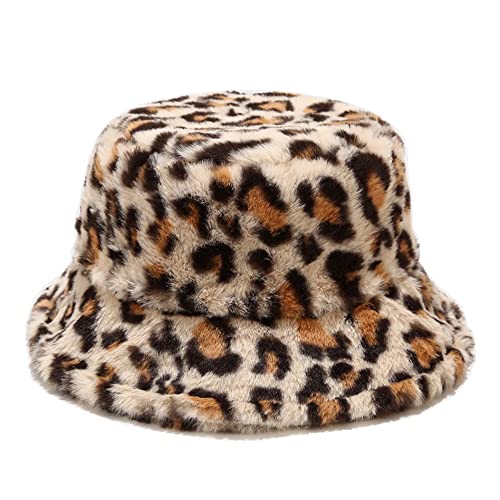 Dirholl Women's Winter Faux Fur Fuzzy Warm Bucket Hat - color: Small Leopard Beige