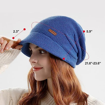 Women Fleece Lined Knitted Hat with Visor Brim, Winter Slouchy Cable Knit Beanie Newsboy Cap for Cold Weather - color: Black