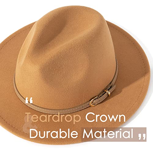 Lisianthus Women Classic Felt Fedora Wide Brim Hat with Belt Buckle - color: Camel
