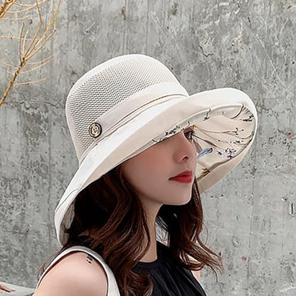 Summer Mesh Sun Hats for Women UV Protection Wide Brim Packable Bucket Hat - color: Beige