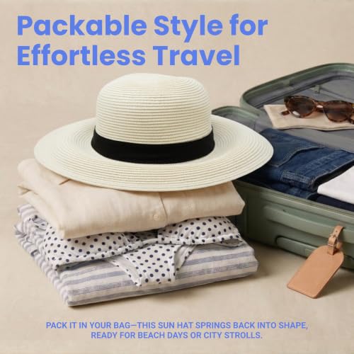 Funky Junque Wide Brim Panama Sun Hat, Womens Packable Straw - color: Ribbon Bow Trim - White