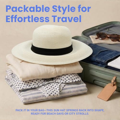 Funky Junque Wide Brim Panama Sun Hat, Womens Packable Straw - color: Ribbon Bow Trim - White