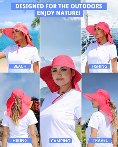 Womens Sun Hat Outdoor UV Protection Wide Brim Fishing Hat with Ponytail Hole Neck Flap for Beach Hiking Camping - color: Sun Hat-watermelon Red