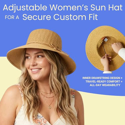 Funky Junque Wide Brim Panama Sun Hat, Womens Packable Straw - color: Twisted Straw Rope Trim - Natural Mix