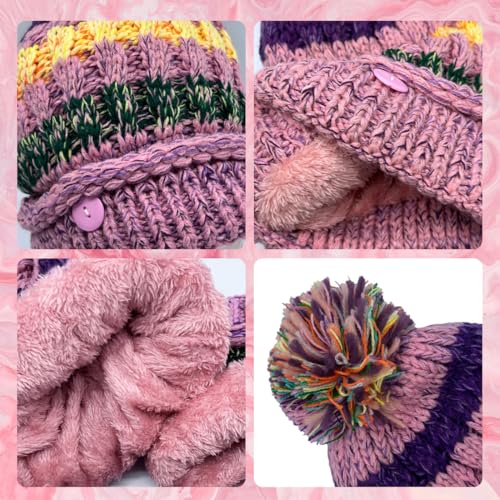 Ypser Women's Winter Warm Knitted Crochet Hat Fleece Lined Cable Faux Fur Pom Pom Beanie Hat Skull Cap - color: Pink 3 Pcs Set (Hat & Scarf & Face Mask)