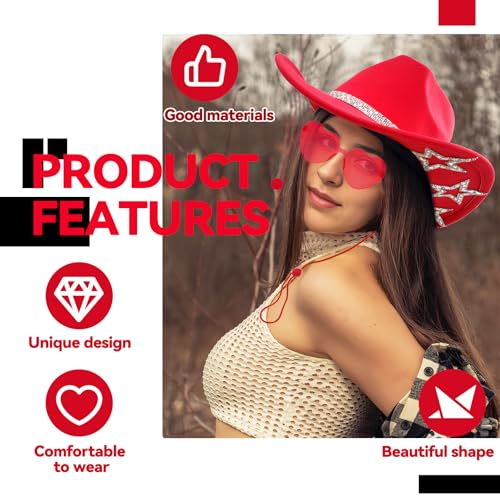 SHENYI Cowgirl Hat and Bandana and Heart Sunglasses Glitter Rhinestone Star Cowboy Hat Western Sparkly Hats for Women Men - color: Red