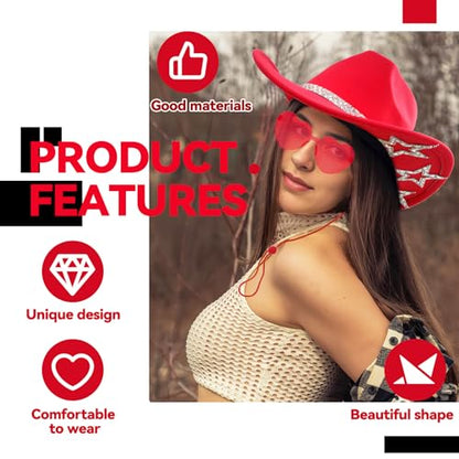 SHENYI Cowgirl Hat and Bandana and Heart Sunglasses Glitter Rhinestone Star Cowboy Hat Western Sparkly Hats for Women Men - color: Red