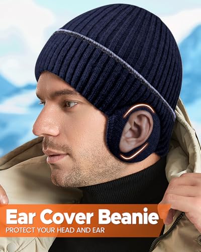 BEACE Winter Fleece Line Beanie Knit Hats with Ear Flaps for Men Women,Warm Thermal Stocking Caps for Outdoor Cold Weather - color: Dpblue