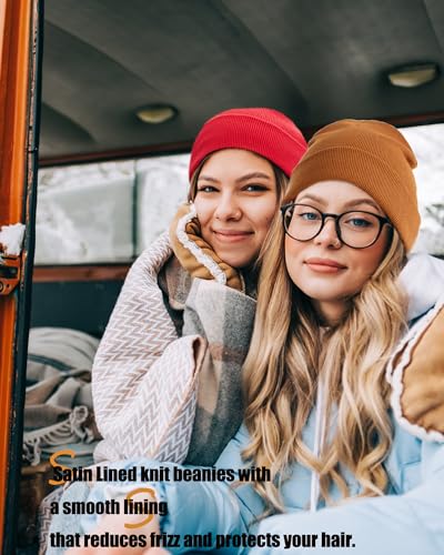 Satin Lined Knit Beanie Hat-100% Cotton Winter Hats for Women Men - color: 1-turquoise Green