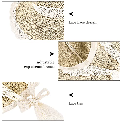 Women Wide Brim Straw Sun Hat Floppy Beach Cap UV Protection Crochet Bucket Hat Packable Summer Travel Hat with Lace Brim - color: Beige