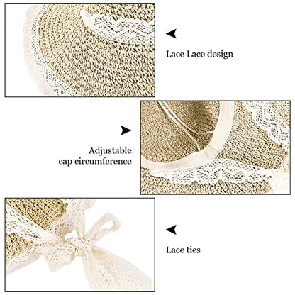 Women Wide Brim Straw Sun Hat Floppy Beach Cap UV Protection Crochet Bucket Hat Packable Summer Travel Hat with Lace Brim - color: Beige