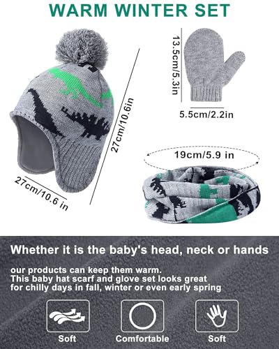 SATINIOR Winter Toddler Boys Hat Dinosaur Warm Mittens Scarf Set Pompom Baby Beanie Knitted Baby Hat Scarf Gloves Earflaps - color: Stylish Color