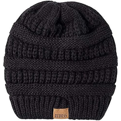 REDESS Slouchy Beanie Hat for Men and Women Winter Warm Knit Hat Chunky Soft Oversized Cable Cap - color: Black+black Grey