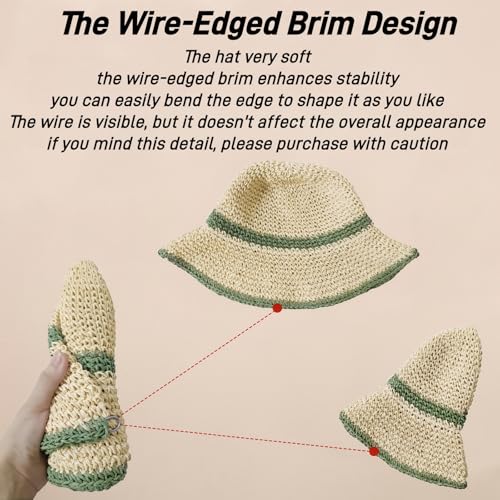 Floppy Big Beach Straw Hats for Women Foldable Summer Wide Brim Packable Sun Hat Womens Travel Straw Fedora Hat - color: Beige-green