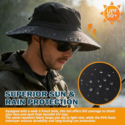 Wide Brim Sun Bucket Hat, Waterproof Boonie Hat for Men & Women - color: 01 Black