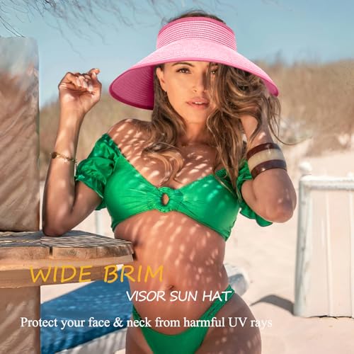 Women's Sun Visor Hats Wide Brim Straw Beach Hat Ponytail Hats for Women Foldable Floppy - color: 1pack-pink