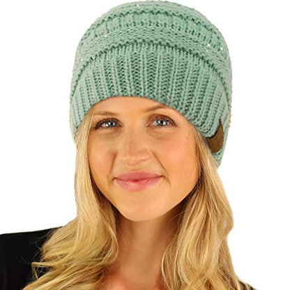 CC Classic Winter Fall Trendy Chunky Stretchy Cable Knit Beanie Hat - color: Sequins Mint