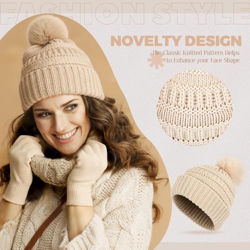 Women's Knitted Beanie Hat Gloves Set Winter Pom Pom Cable Knit Hat with Warm Stretchy Gloves for Women - color: Beige
