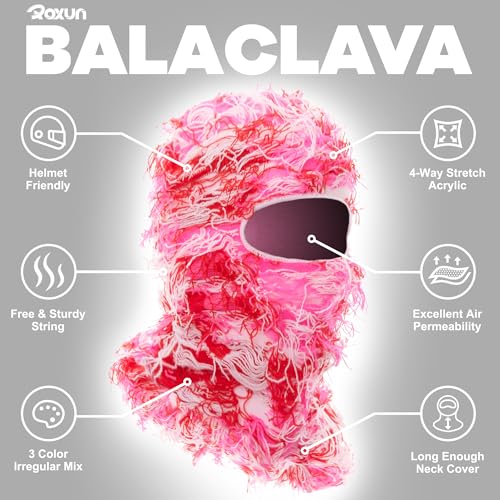 ROXUN Distressed Ski Mask Balaclava, Yeat Shiesty Fluffy Knitted Full Face - color: 01- Pink Mixed