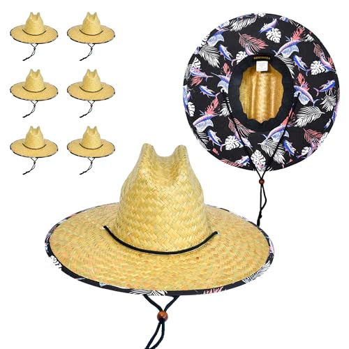 6 Pack Straw Hats – Bulk Wide Brim Lifeguard Sun Hats for Men & Women with Adjustable Chin Strap - color: Natural Straw With Black Fish Pattern Lining