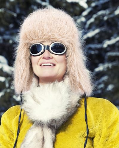 Peicees Winter Fur Hat for Women, Ladies Russian Ushanka Furry Trapper Hat with Warmer Ear Flaps and Glitter Silver Design - color: Beige