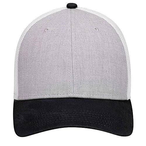 Ashen Fane 6 Panel Blend Twill Structured Low Profile Mesh Back Snapback Trucker Hat - color: Black/Heather Gray/White