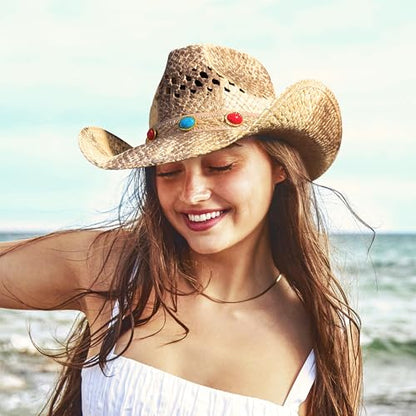 FLUFFY SENSE. Cowgirl Hats for Women Straw Cowboy Hat Western Beach Sun Hat with Shapeable Brim for Coastal Cowgirl - color: Sunkissed Blonde