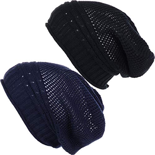BYOS Women's Airy Cool Lightweight Cutout Long Slouchy Crochet Knit Beanie Hat - color: 2 Pack-net Navy & Bk