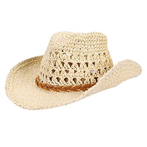 Straw Cowboy Hat Wide Brim Sun Hat Cowgirl Summer Panama Hat with Chin Strap Men Women Sombrero Outdoor Family Hat - color: Beige, size: children size