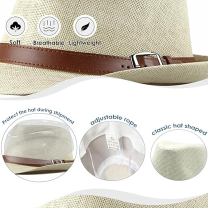 Straw Fedora Hat for Men Panama Hat Short Brim Summer Sun Hat - color: A-beige