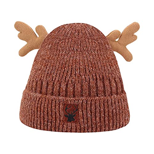 RARITYUS Women Warm Hat Cute Reindeer Antlers Knitted Winter Hats Crochet Earflap Knit Cap Beanie for Adults Kids - color: Caramel