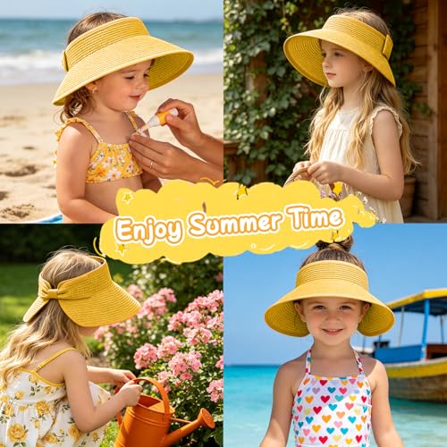 Girls Sun Visor Hat with Ponytail Hole Wide Brim Beach Straw Visor UPF 50+ - color: 1pack-yellow