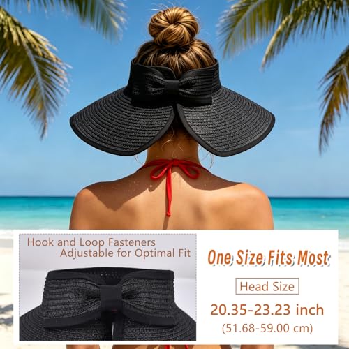 Sun Hats Visor for Women, UV UPF Straw Beach Hat Foldable Wide Brim Ponytail Summer Hats Packable Travel - color: Bowknot 2pack-black&khaki-b-brim