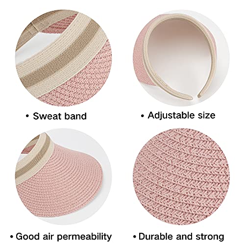 Women Summer Sun Hat Lady's Portable Beach Visor Bowknot Straw Hat - color: Pink