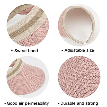 Women Summer Sun Hat Lady's Portable Beach Visor Bowknot Straw Hat - color: Pink