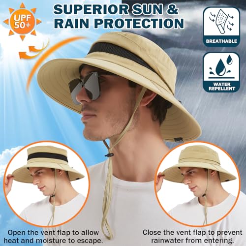 Men's UPF 50+ Waterproof Wide Brim Boonie Hat, Sun & Rain Protection - color: Khaki