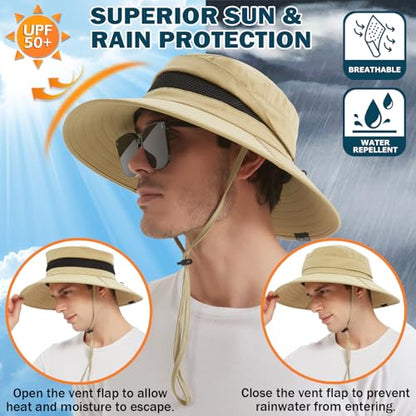 Men's UPF 50+ Waterproof Wide Brim Boonie Hat, Sun & Rain Protection - color: Khaki