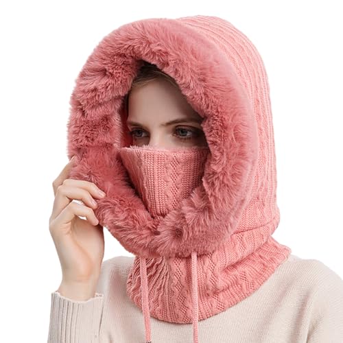 Women’s Knitted Beanie Hat with Face Cover - 3 in 1 Winter Balaclava with Mask Scarf Ear Muffs Pompom Fleece Lined Snow Caps - color: Rose Pink-c