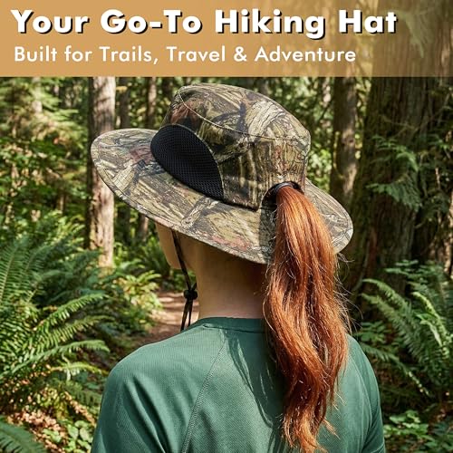 Tirrinia Sun Hats for Women, Wide Brim Hat with Ponytail Hole - color: Brown Woodland Camo