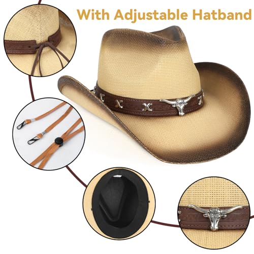 WQWOVRVO Cowboy Hat,Cowgirl Hat,Western Cowboy Hats for Women/Mens/Straw Wide with Shapeable Brim Cowboy Hat for Womens - color: Beige & Coffee