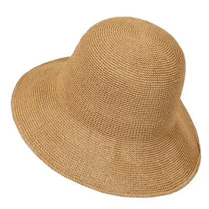 Womens Sun Hat Handmade Foldable Straw Bucket Hat Summer Crochet Travel Cap - color: Khaki, size: Small
