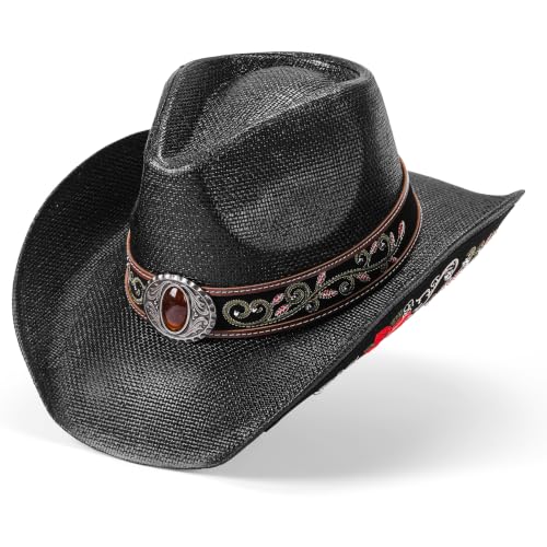 Straw Cowboy Hat for Men and Women Cowgirl Cowboys Cowgirls Woven Crease for Western Gift Gifts - color: Black Tradition Hat