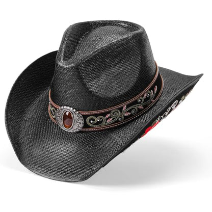 Straw Cowboy Hat for Men and Women Cowgirl Cowboys Cowgirls Woven Crease for Western Gift Gifts - color: Black Tradition Hat