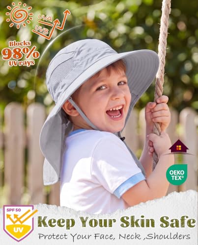 Home Prefer UPF50 Wide Brim Kids Sun Hat Neck Flap Boys Girls Sun Protection Hat for Beach Fishing - color: Light Grey, size: 2-4T