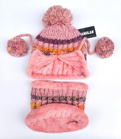 HUAMULAN Women Winter Knit Beanie Hat Circle Scarf Set Pompoms Ear Flaps - color: Pink